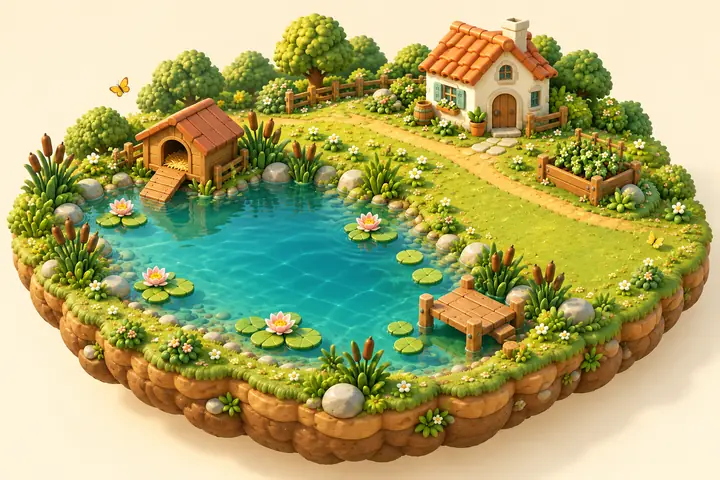 Uno stagno in stile diorama, con la casetta delle anatre, la cascina e l’orto